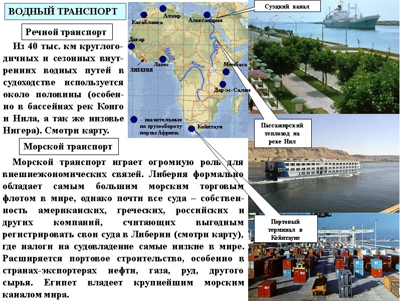 ВОДНЫЙ ТРАНСПОРТ Суэцкий канал Пассажирский теплоход на реке Нил Портовый терминал в Кейптауне 